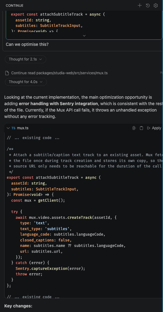 The Continue sidebar in VS Code showing a chat conversation about optimising a TypeScript file, with a suggested code edit