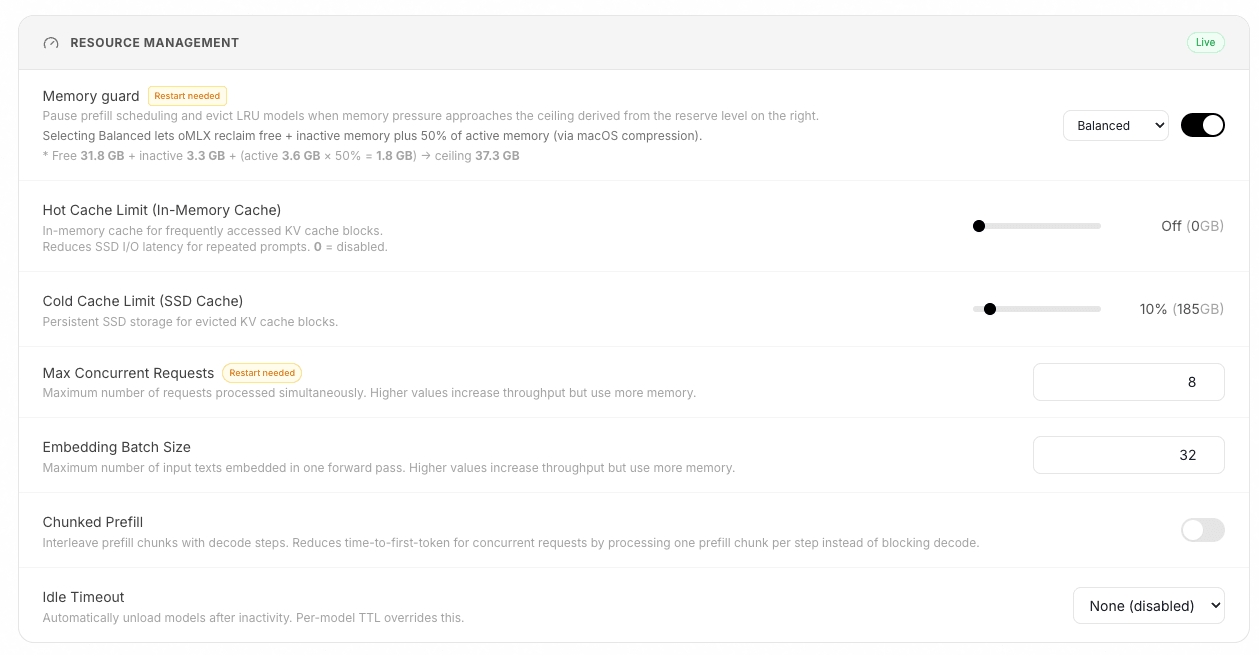 The oMLX resource management panel showing memory guard, hot and cold cache limits, max concurrent requests, chunked prefill and idle timeout settings