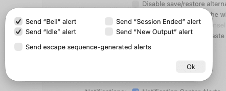 The Filter Alerts modal showing Bell and Idle alert options enabled