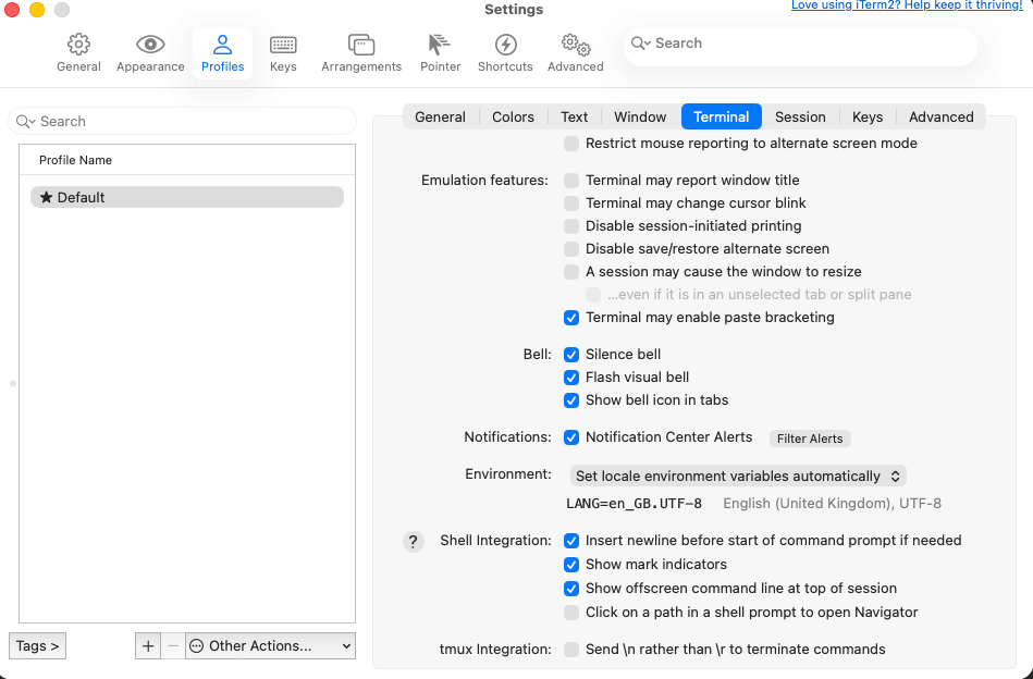 iTerm2 Settings showing the Profiles > Terminal panel with bell and notification options